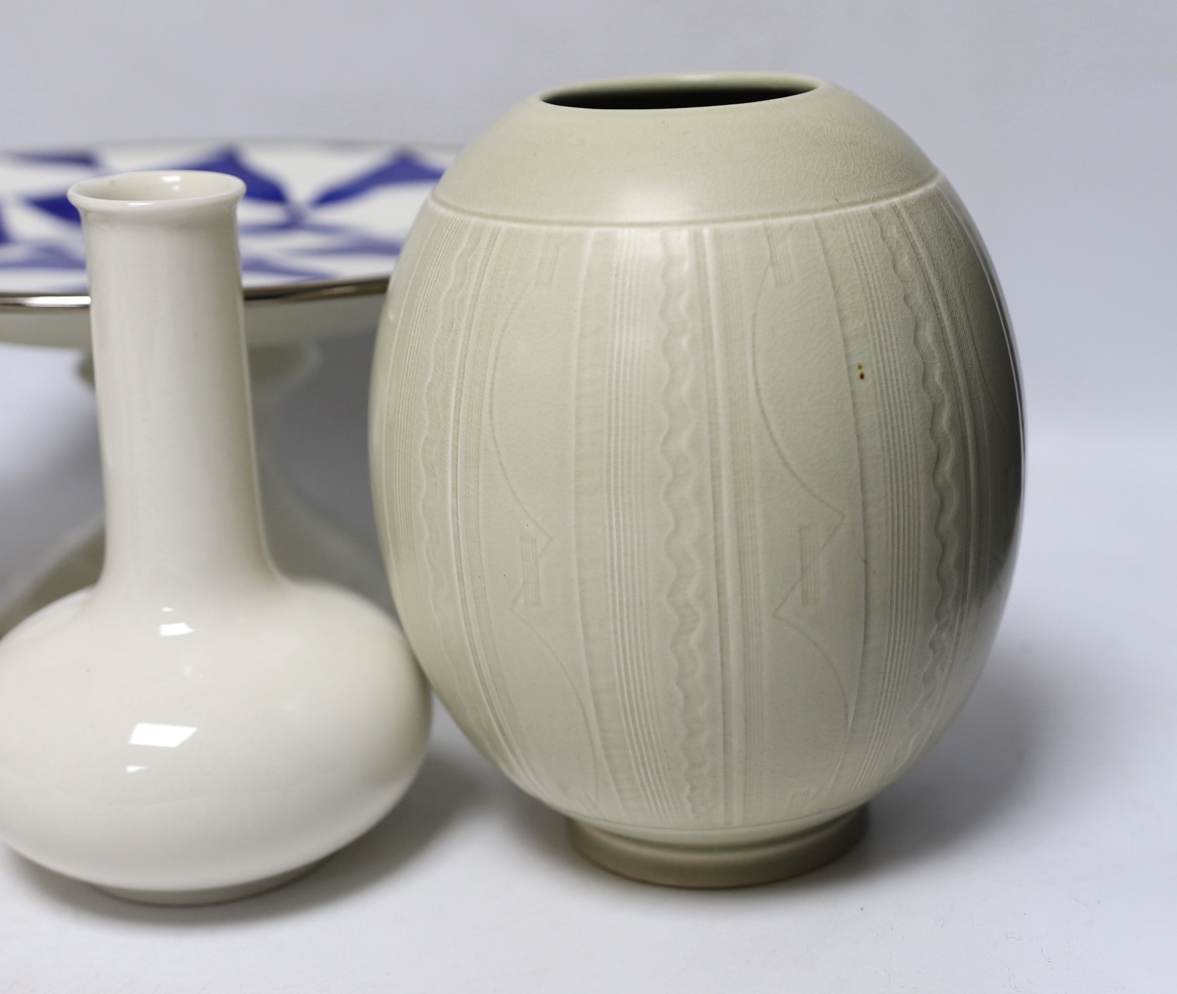 A Danish ovoid vase and other ceramics including a Tiffany & Co. pedestal dish, a Wedgwood bowl, a Copenhagen bottle vase, a Limoges vase and a Chinese stem bowl, tallest 18cm